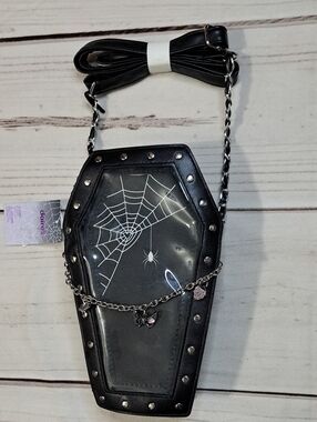 Black Coffin Crossbody Bag with Spiderweb Detail